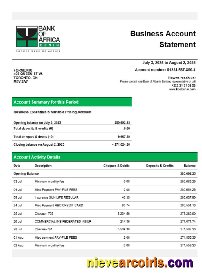 Bank of Africa company checking account statement